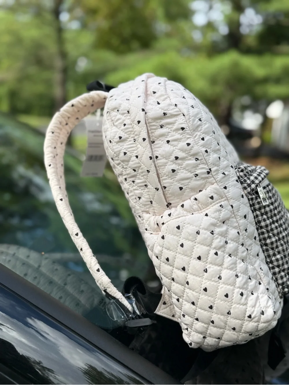 MADDEN GIRL Quilted White Heart Accent Backpack with Black Check Pocket